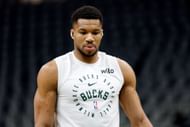 Giannis Antetokounmpo of the Milwaukee Bucks before game three of the first round of the 2025 NBA playoff game against Indiana - Source: Getty